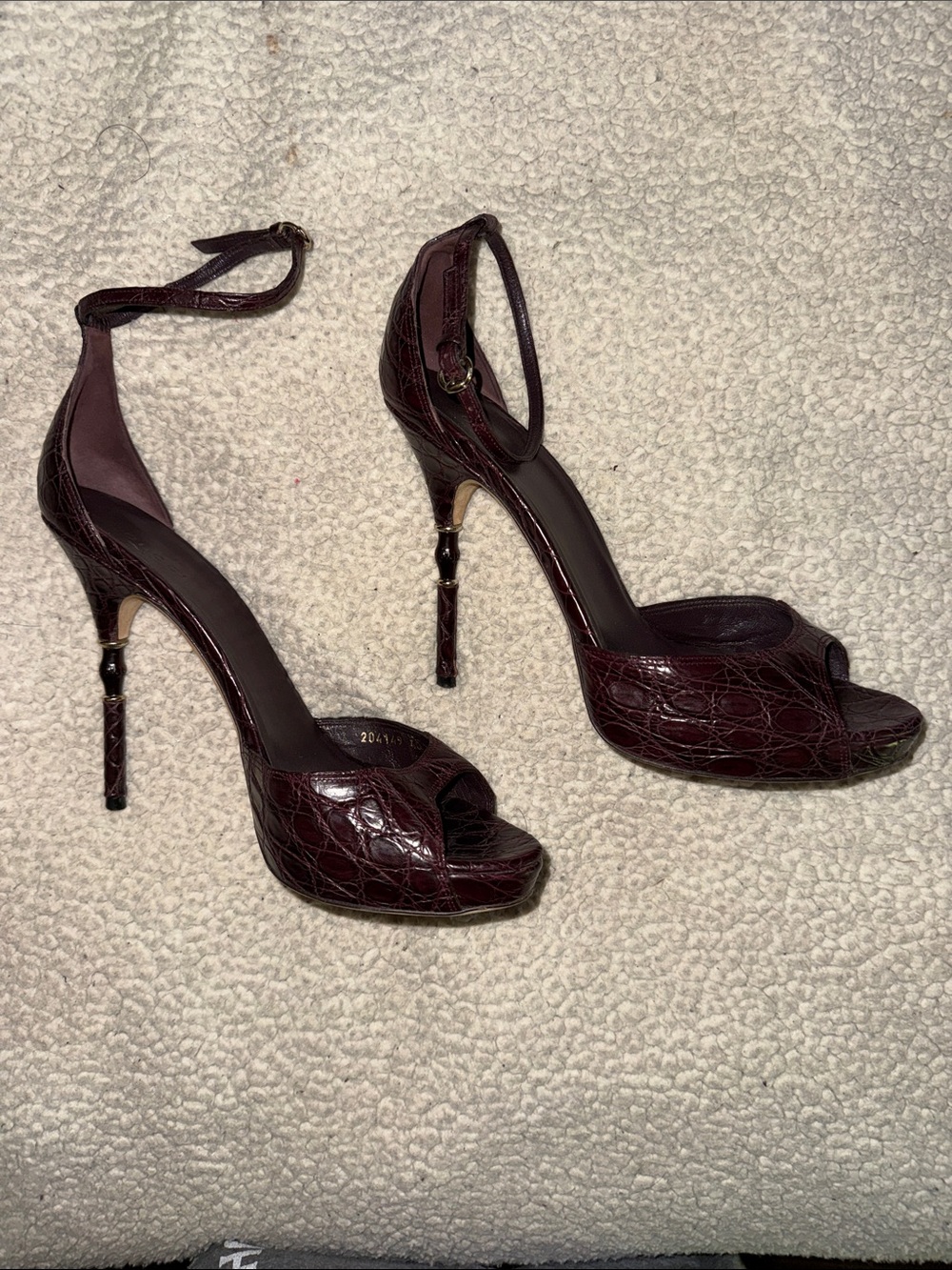 Gucci Wine Burgundy Croc-Embossed Ankle Strap Stiletto Heels